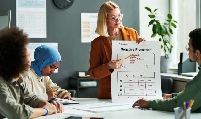 Confident teacher of German language explaining negative pronouns