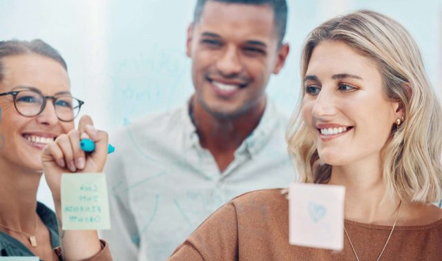 People meeting in office, sticky notes with business teamwork and creative company planning strateg